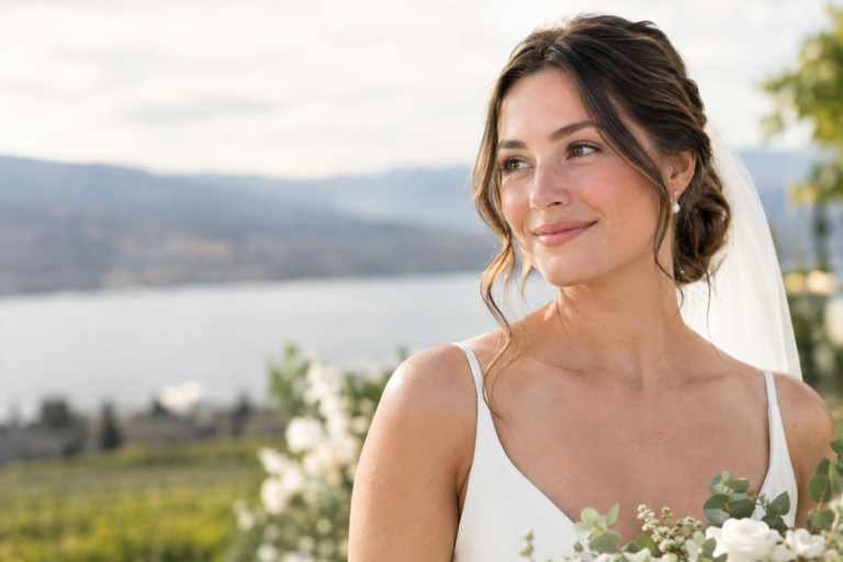 Bride wearing soft, natural bridal makeup with lightweight coverage and subtle eye definition.