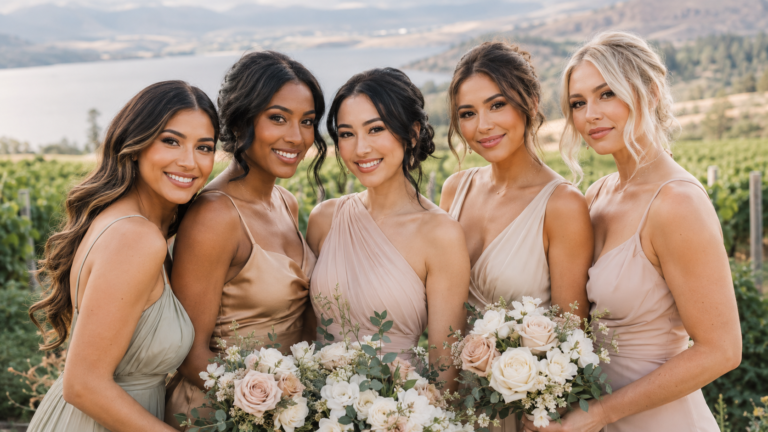 Bridesmaids wearing natural and soft glam makeup at a Kelowna wedding