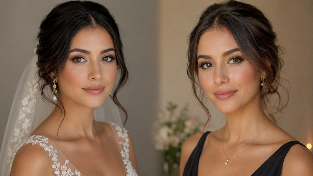 Side-by-side bridal and regular professional makeup looks showing differences in finish and definition