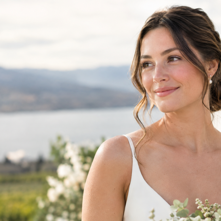 Bride wearing soft, natural bridal makeup with lightweight coverage and subtle eye definition.