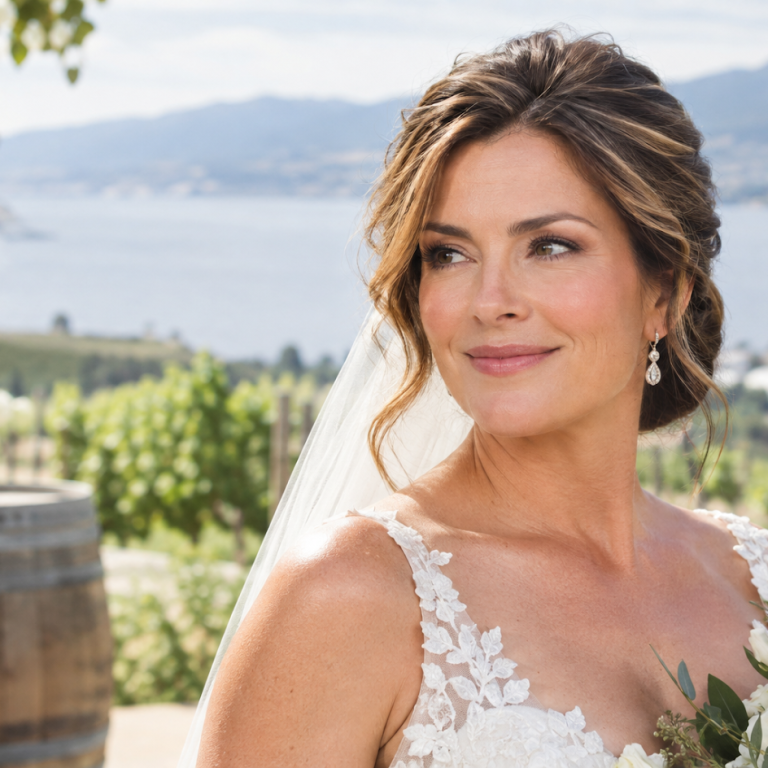 Mature bride wearing natural radiant bridal makeup with soft eye definition and fresh skin.